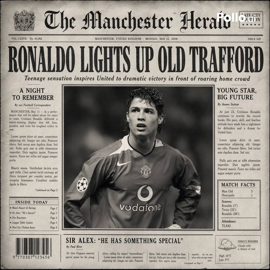 Create the most realistic front page design of a vintage newspaper featuring ...