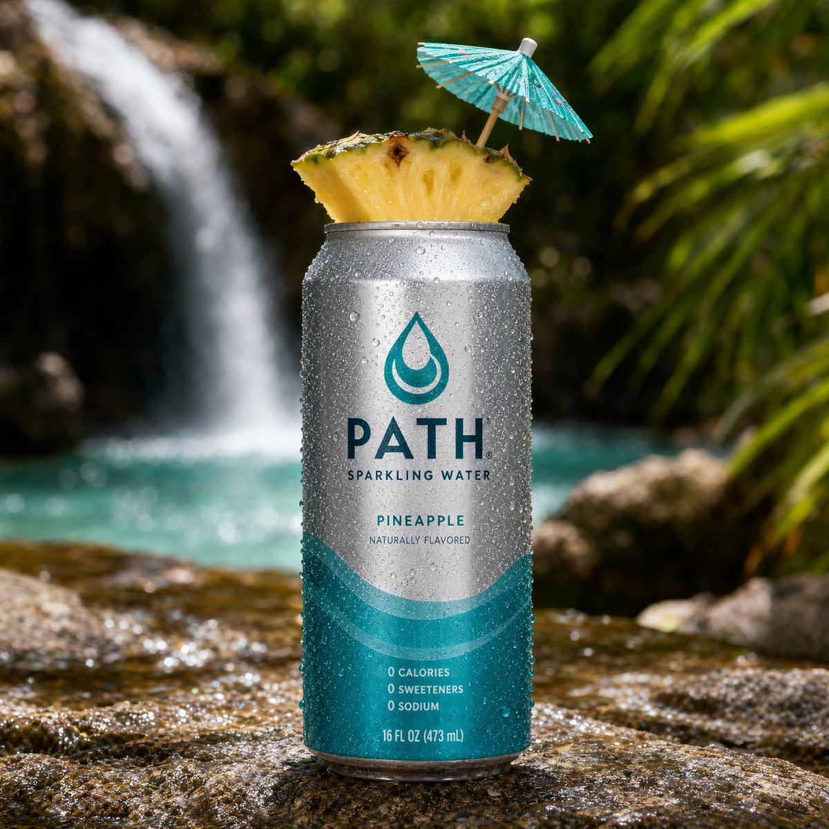 A professional product photography shot of a cold sparkling water